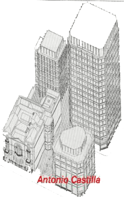 perspectiva militar de un grupo de edificios